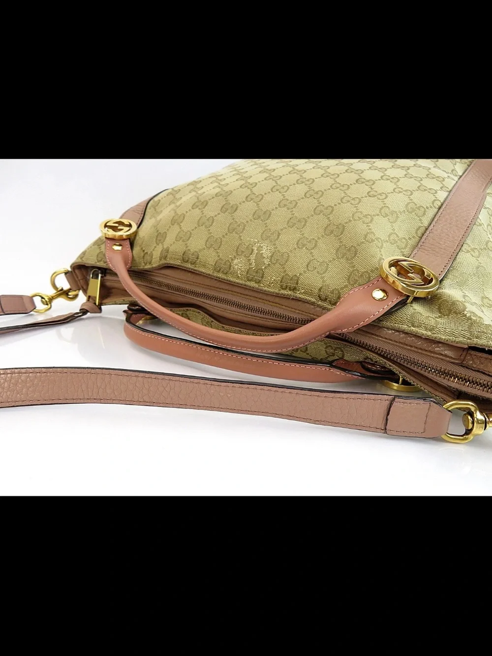 Gucci Beige GG Canvas Tote with Brown Leather Accents